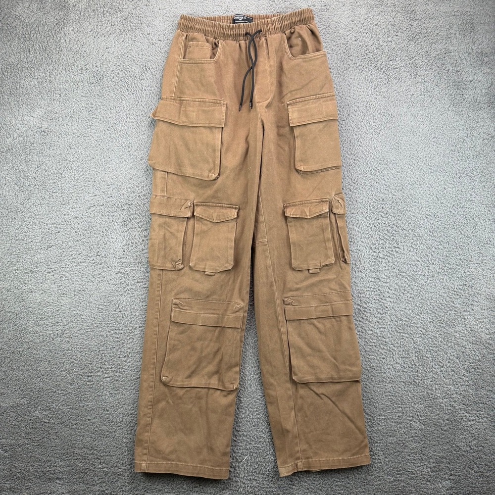 Forever 21 Men Brown Multi Pocket Cargo Pants Elastic Waist Size 29 US